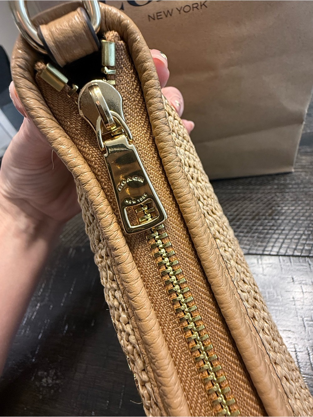 COACH Tan Woven Crossbody with Floral Charm and Adjustable Strap - Picture 4 of 5
